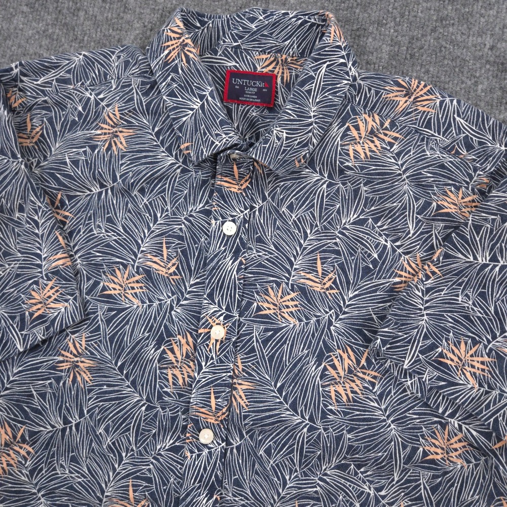 UNTUCKit Shirt Mens L Navy Tropical Palm AOP Linen Durize Slim Fit Short Sleeve
